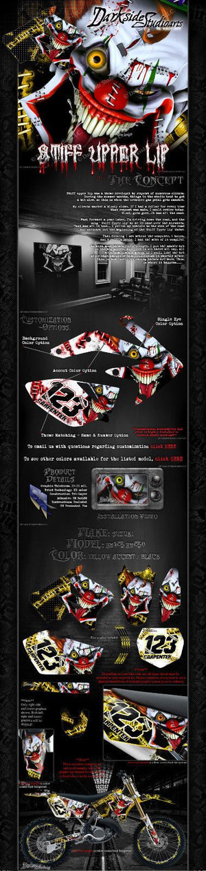 Graphics Kit For Suzuki 2001-2013 Rm125 Rm250  Wrap "Stiff Upper Lip" Crazy Clown Decals - Darkside Studio Arts LLC.