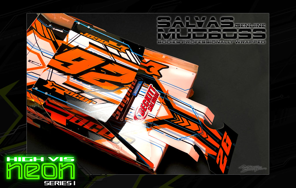 'Neon Series I' -Orange- Pre-Wrapped & Assembled Genuine Salvas Mudboss Lexan Body for Short Course Traxxas Slash Racing | Darkside Studio Arts LLC.