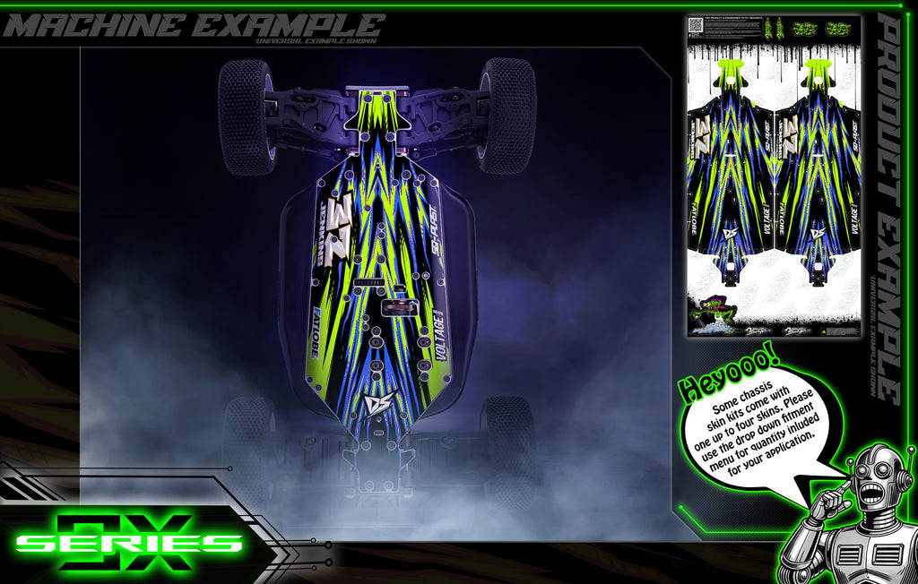 'Series 9X' Themed Chassis Skin Fits Team Associated RC8 Series | B3.2 B3.2e | B4e B4.1e | T3.2 T3.2e | T4 T4e | SR7 | RC8 & Hoonicorn | Darkside Studio Arts LLC.