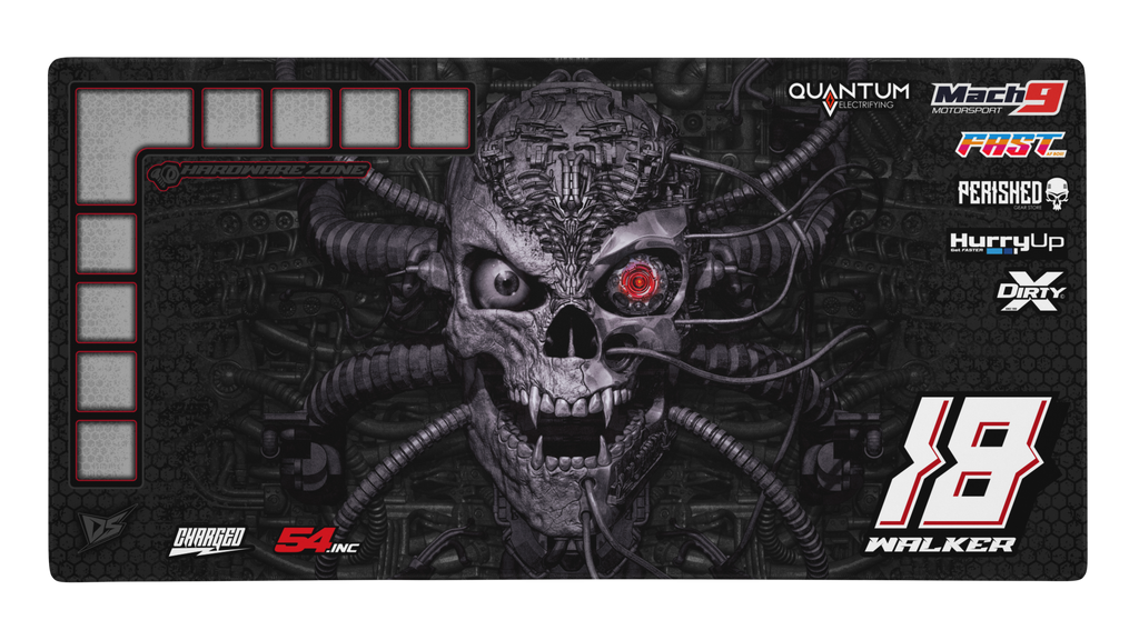 'Machinehead' Premium RC Pit / Work Mat – Customizable, Rollable, Rubber non-slip base, Polyester Top, Stitched Edges