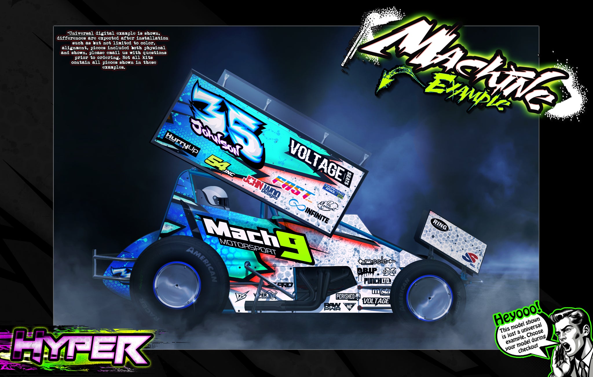 'Hyper' Themed Graphics Wrap Kit Fits Losi® 22S Sprint Car | Pro-Line Lightweight Body | Darkside Studio Arts LLC.