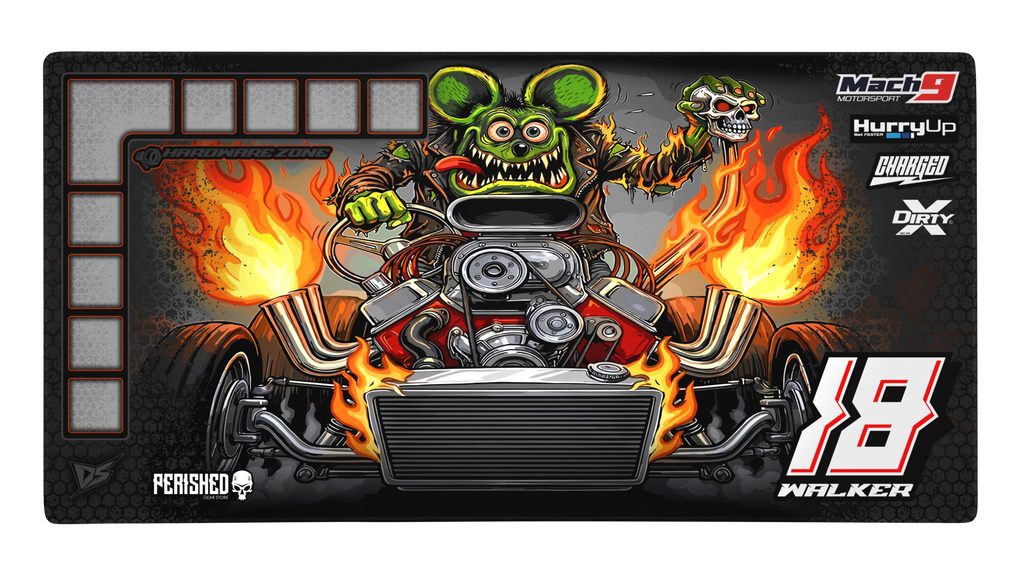 'Highway To Hell' Premium RC Pit / Work Mat – Customizable, Rollable, Rubber non-slip base, Polyester Top, Stitched Edges | Darkside Studio Arts LLC.