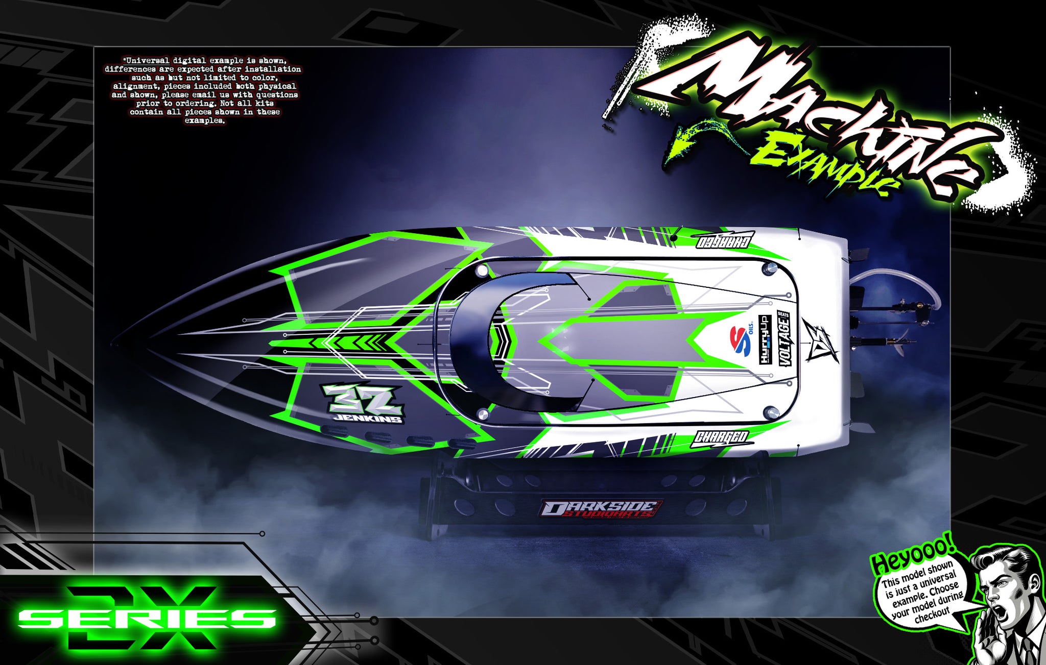 'Series 2X' Themed Graphics Skin Kit Fits Pro Boat Jetstream Recoil Veles Impulse Shockwave Sonicwake Zelos BlackJack React UL19 | Darkside Studio Arts LLC.