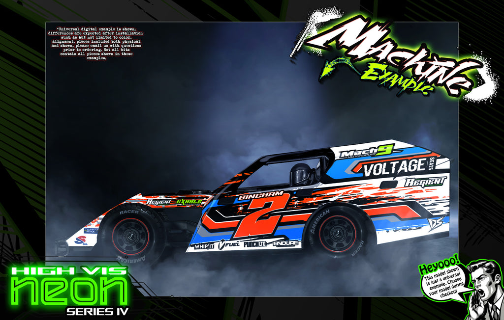 'Neon Series IV' High Vis Fluorescent Wrap Skin Graphics Fits Sippel LM22 Desperado, LM26 Kingslayer, 22 Gunslinger, Mark 8, Mark 9 & Mark 10 Late Model & Modified Dirt Oval | Darkside Studio Arts LLC.