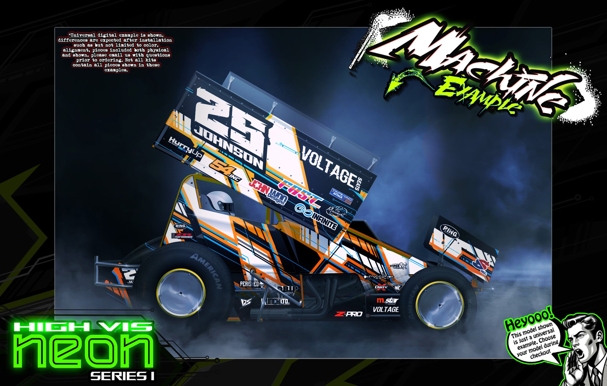 'Neon Series I' Fluorescent Customizable Graphics Wrap Kit For Hack Fab Sprint Bolt On Lexan Body For Losi Mini-B - Darkside Studio Arts LLC.