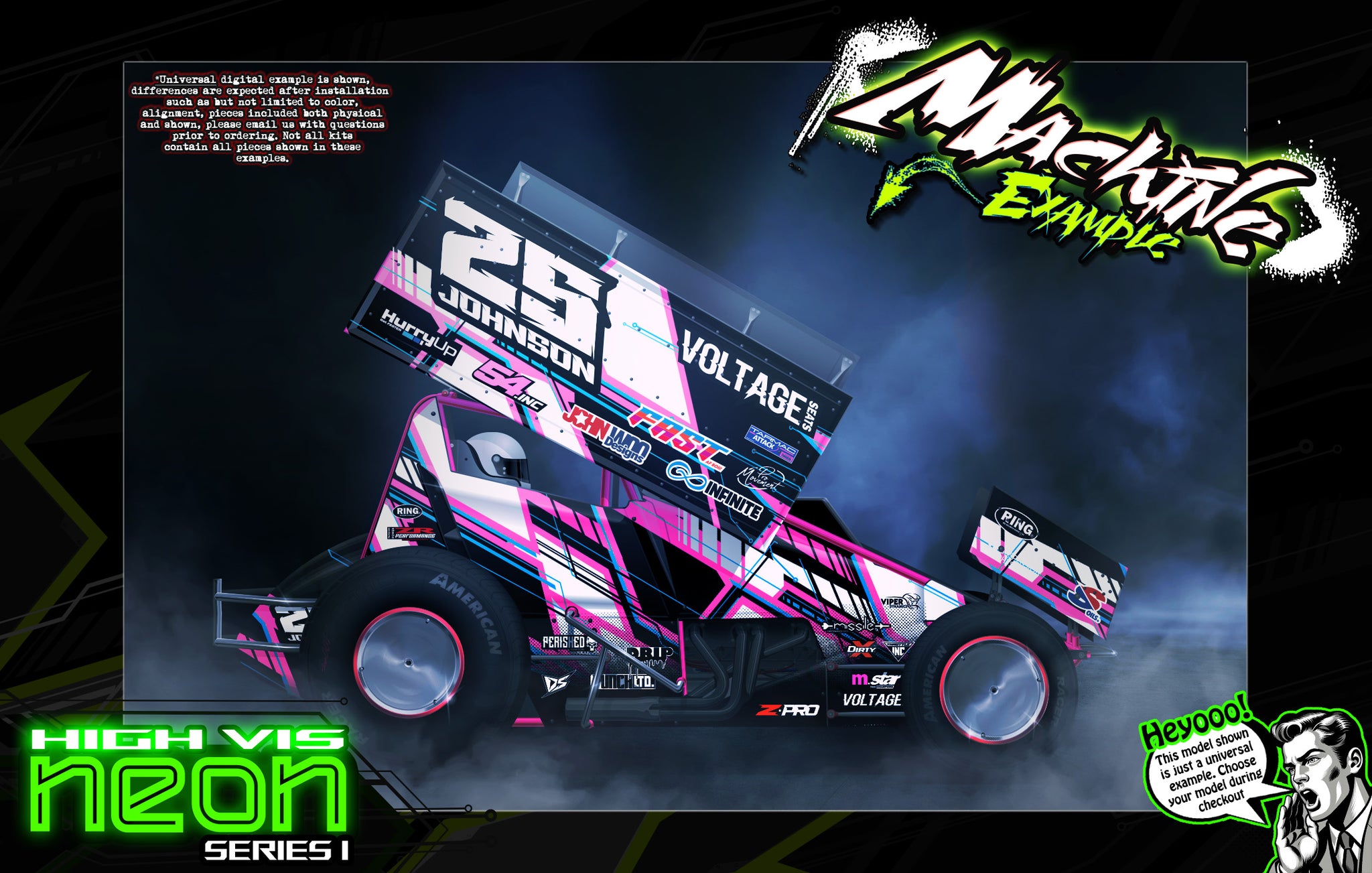 'Neon Series I' Customizable Graphics Wrap Kit For Custom Works Beast Midget, Eldora, Outlaw, Bullet Sprint - Darkside Studio Arts LLC.