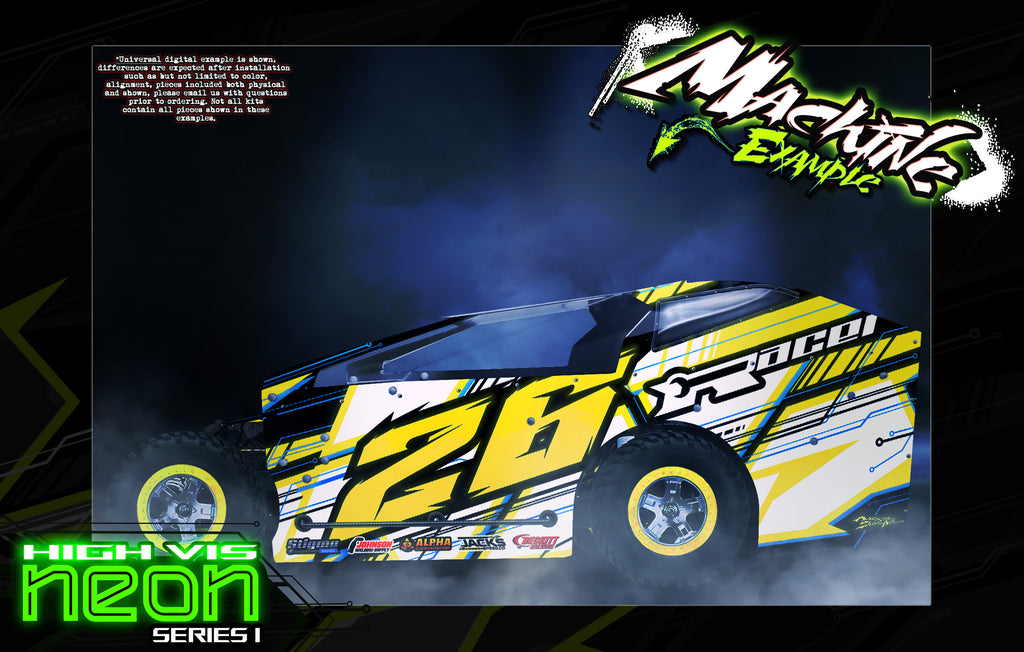'Neon Series I' High Vis Neon Customizable Decal Skin Kit For GT Bodies Series Bandit, Mini-B, Mudboss, Late Model, Hackfab EDM - Darkside Studio Arts LLC.