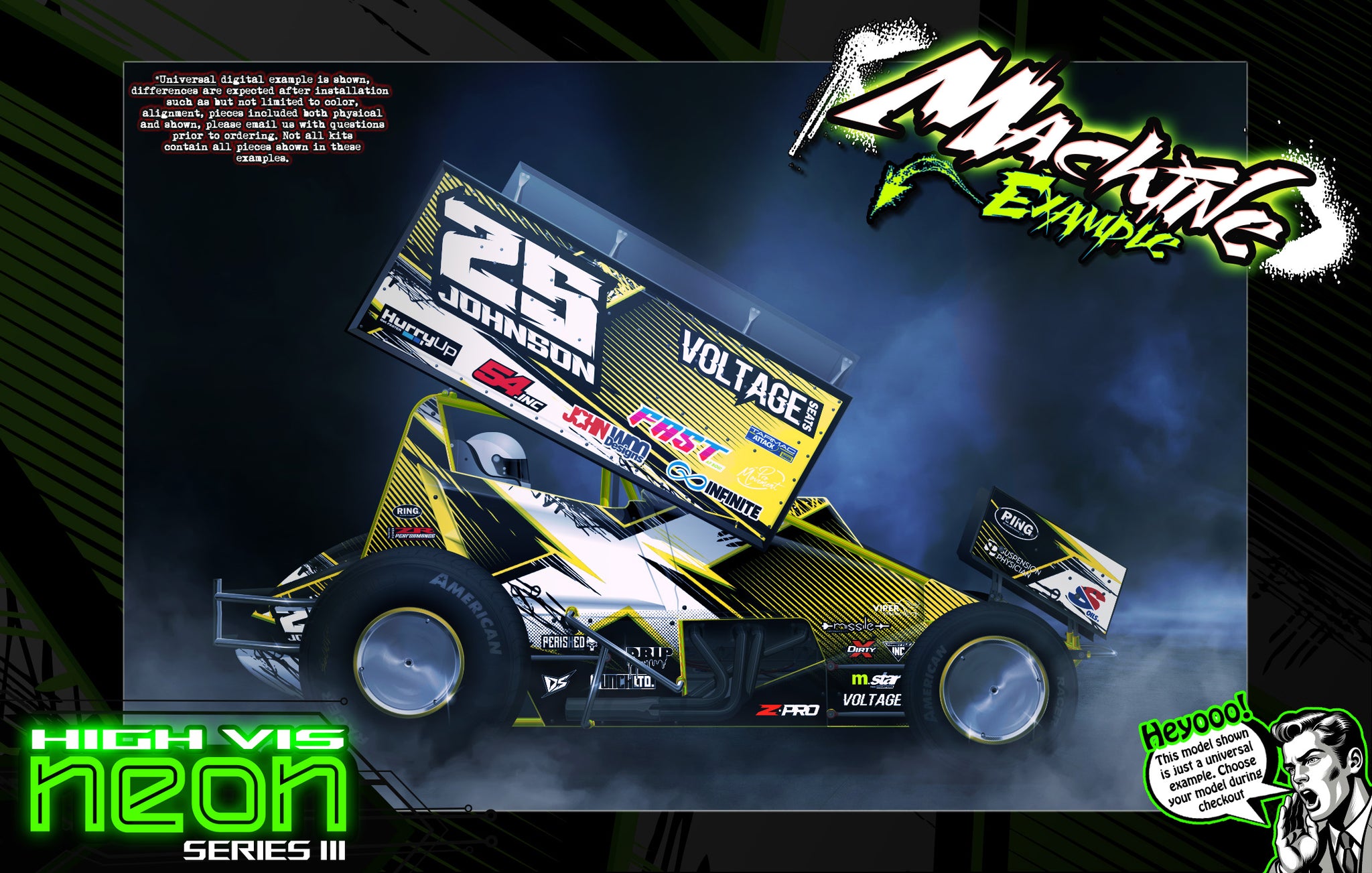 'Neon Series III' High Vis Neon Customizable Graphics Wrap Kit For Hack Fab Sprint Bolt On Lexan Body For Losi Mini-B - Darkside Studio Arts LLC.
