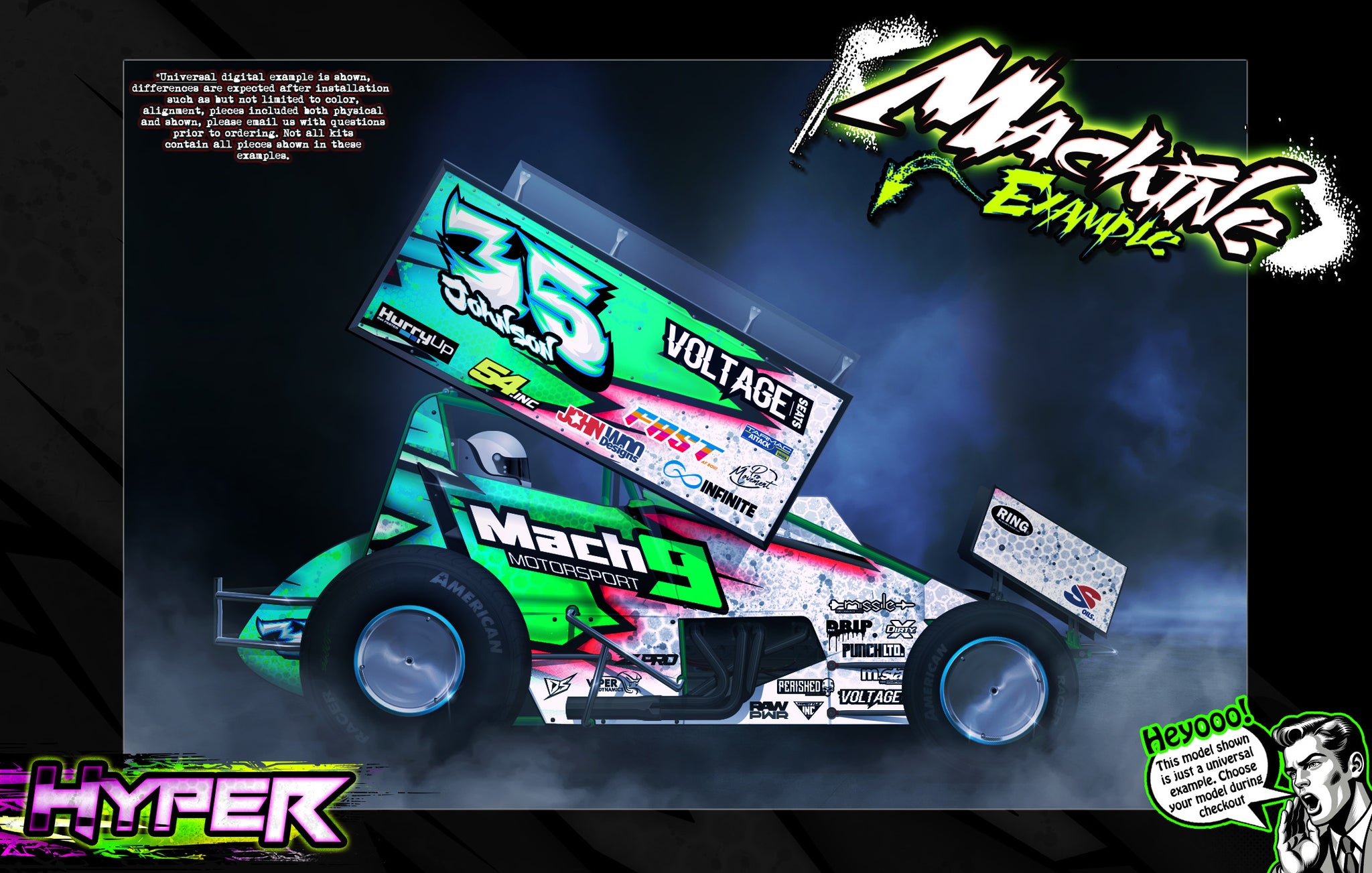 'Hyper' Themed Graphics Wrap Kit Fits HackFab® | Sprint Car | EDM | Losi Mini-B | Darkside Studio Arts LLC.