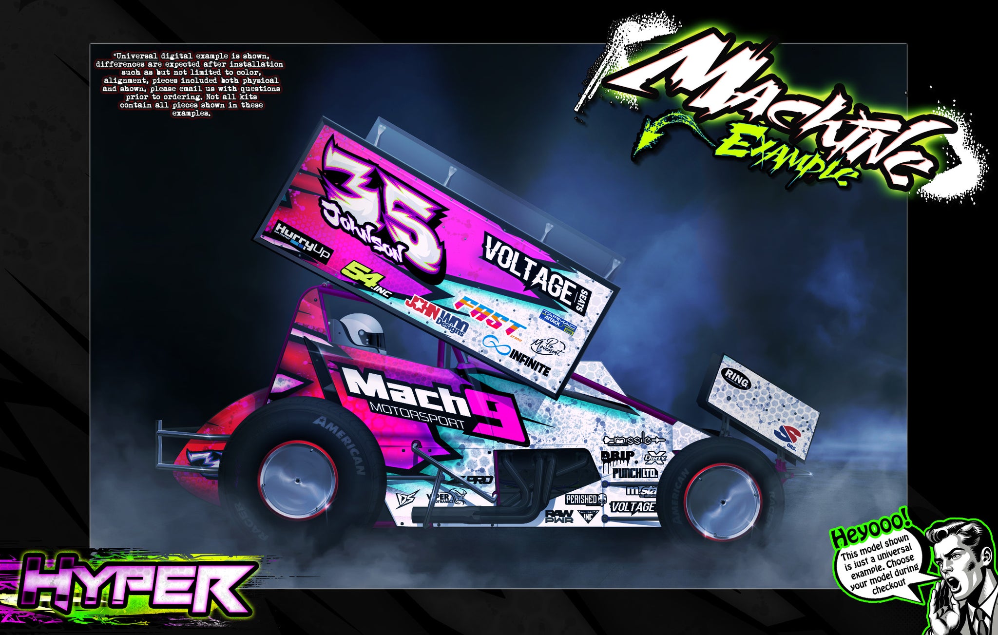 'Hyper' Customizable Graphics Wrap Kit For Custom Works Beast Midget, Eldora, Outlaw, Bullet Sprint | Darkside Studio Arts LLC.