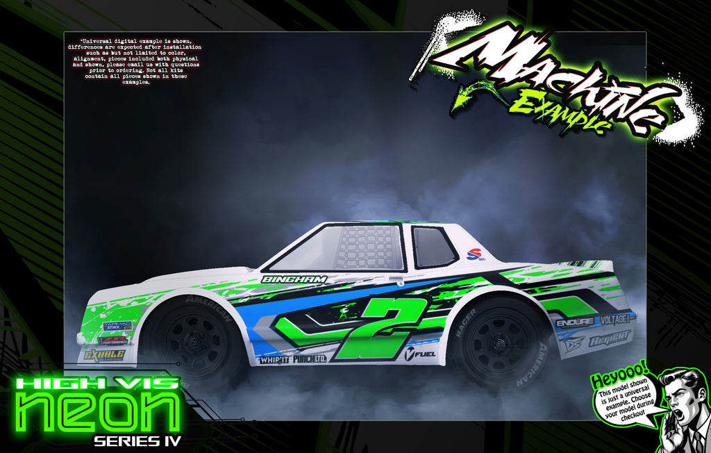 'Neon Series IV' High Vis Green Fluorescent Customizable Decal Graphics Kit Fits Team Associated SR10 Street Stock Dirt Oval Body #ASC71192 | Darkside Studio Arts LLC.