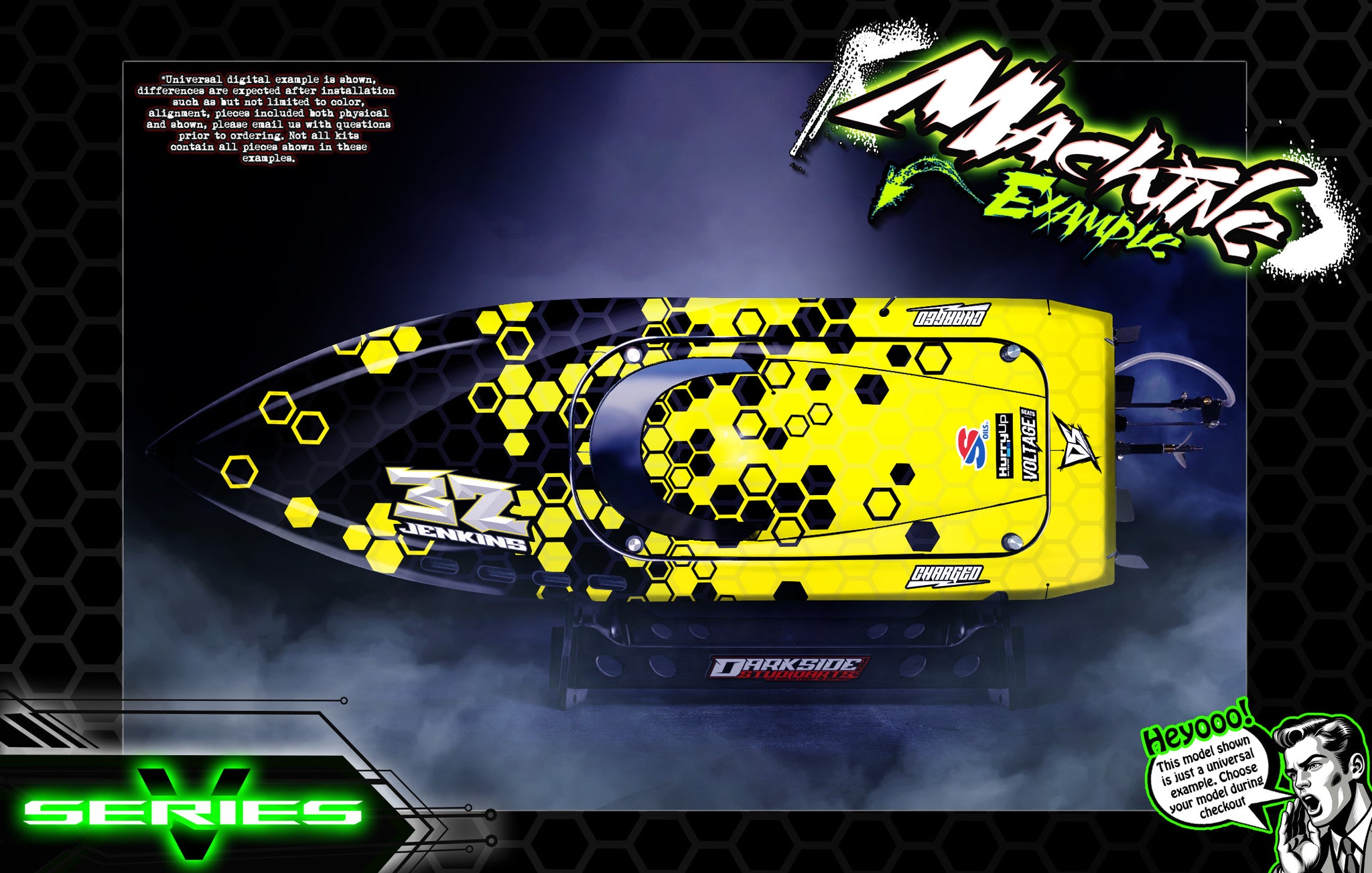 'Series V' Themed Graphics Skin Kit Fits Pro Boat Jetstream Recoil Veles Impulse Shockwave Sonicwake Zelos BlackJack React UL19 | Darkside Studio Arts LLC.