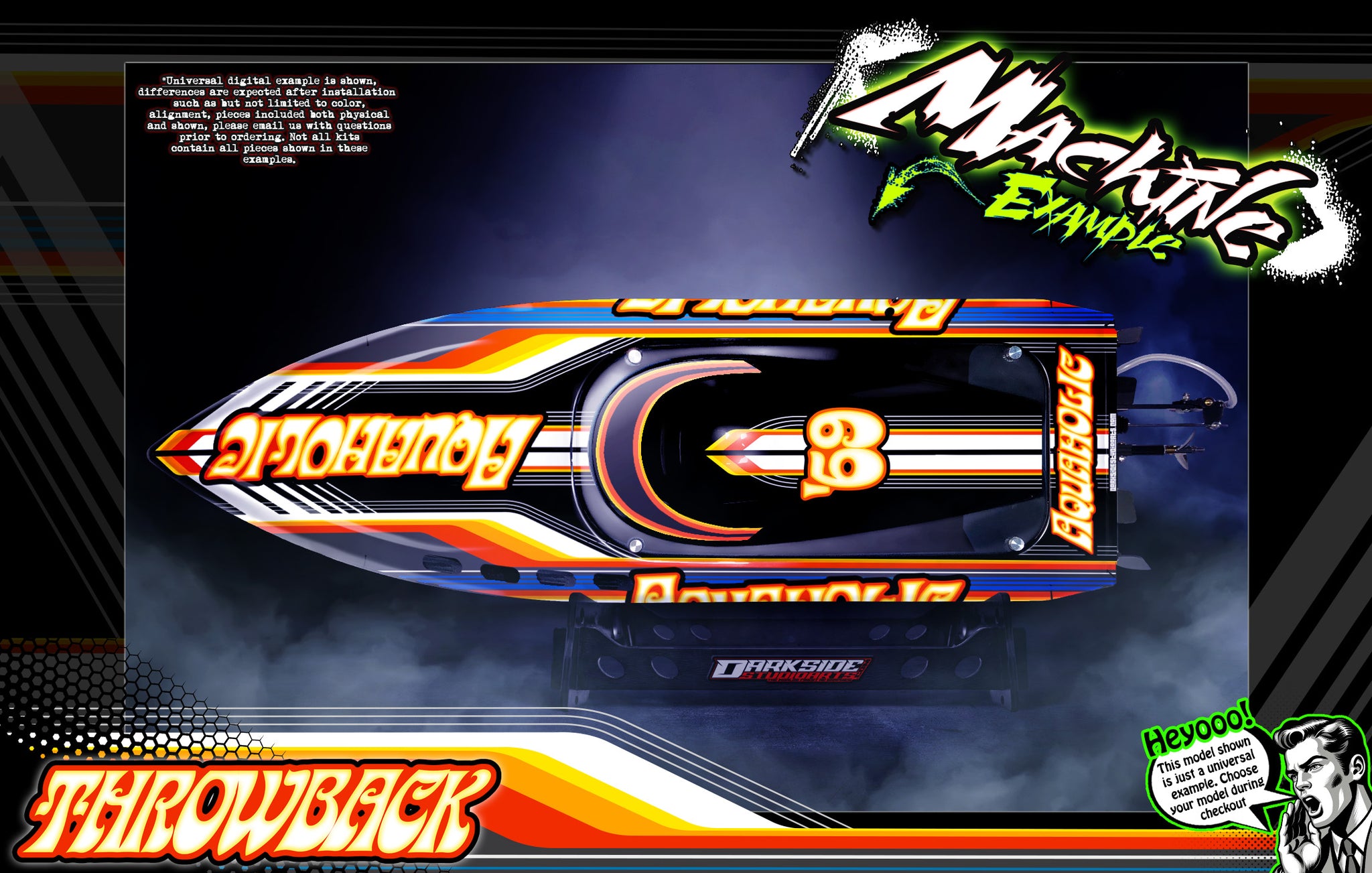 'Throwback' Themed Graphics Skin Kit Fits Pro Boat Jetstream Recoil Veles Impulse Shockwave Sonicwake Zelos BlackJack React UL19 | Darkside Studio Arts LLC.
