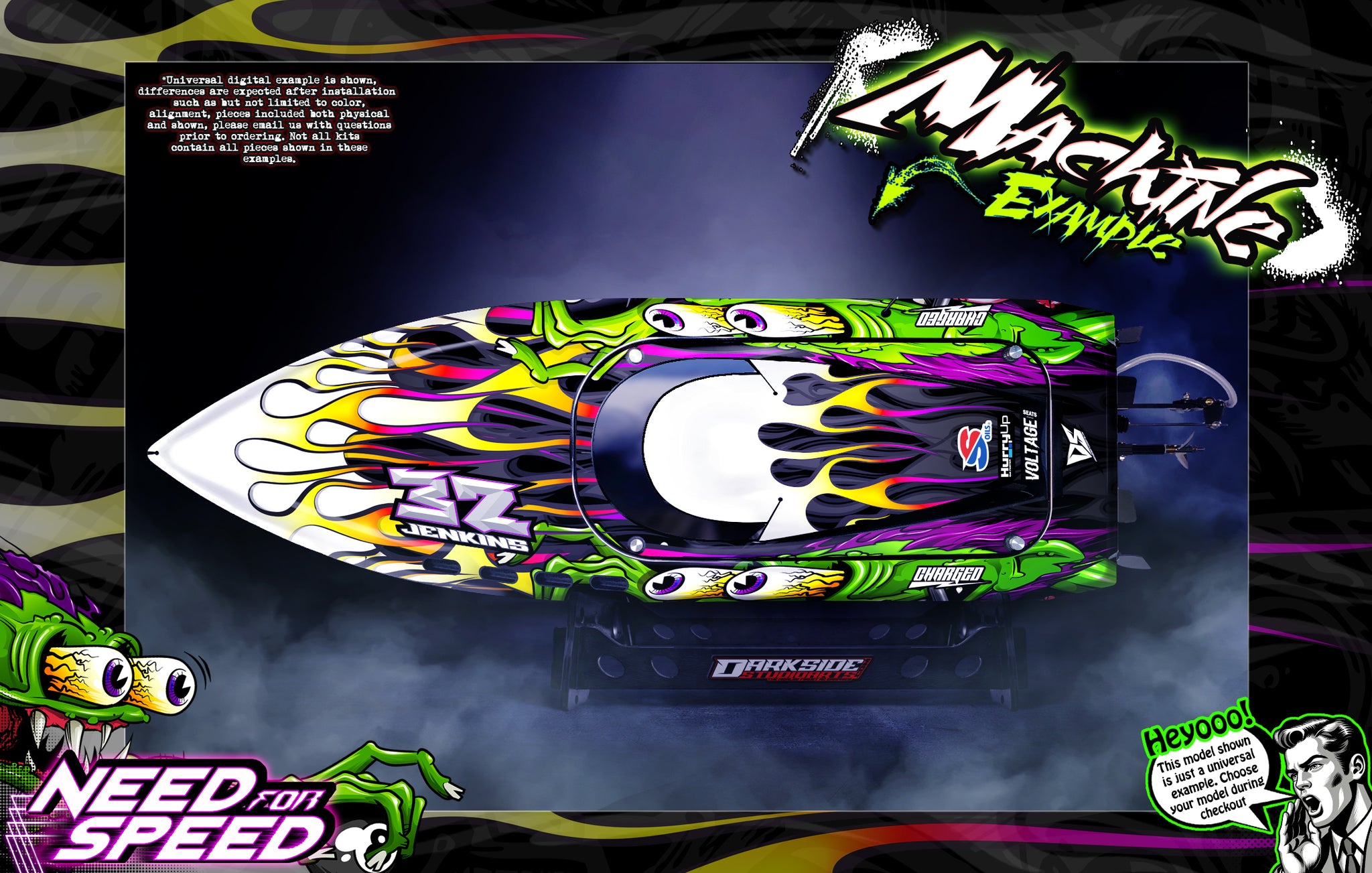 'Need For Speed' Themed Graphics Skin Kit Fits Pro Boat Jetstream Recoil Veles Impulse Shockwave Sonicwake Zelos BlackJack React UL19 | Darkside Studio Arts LLC.