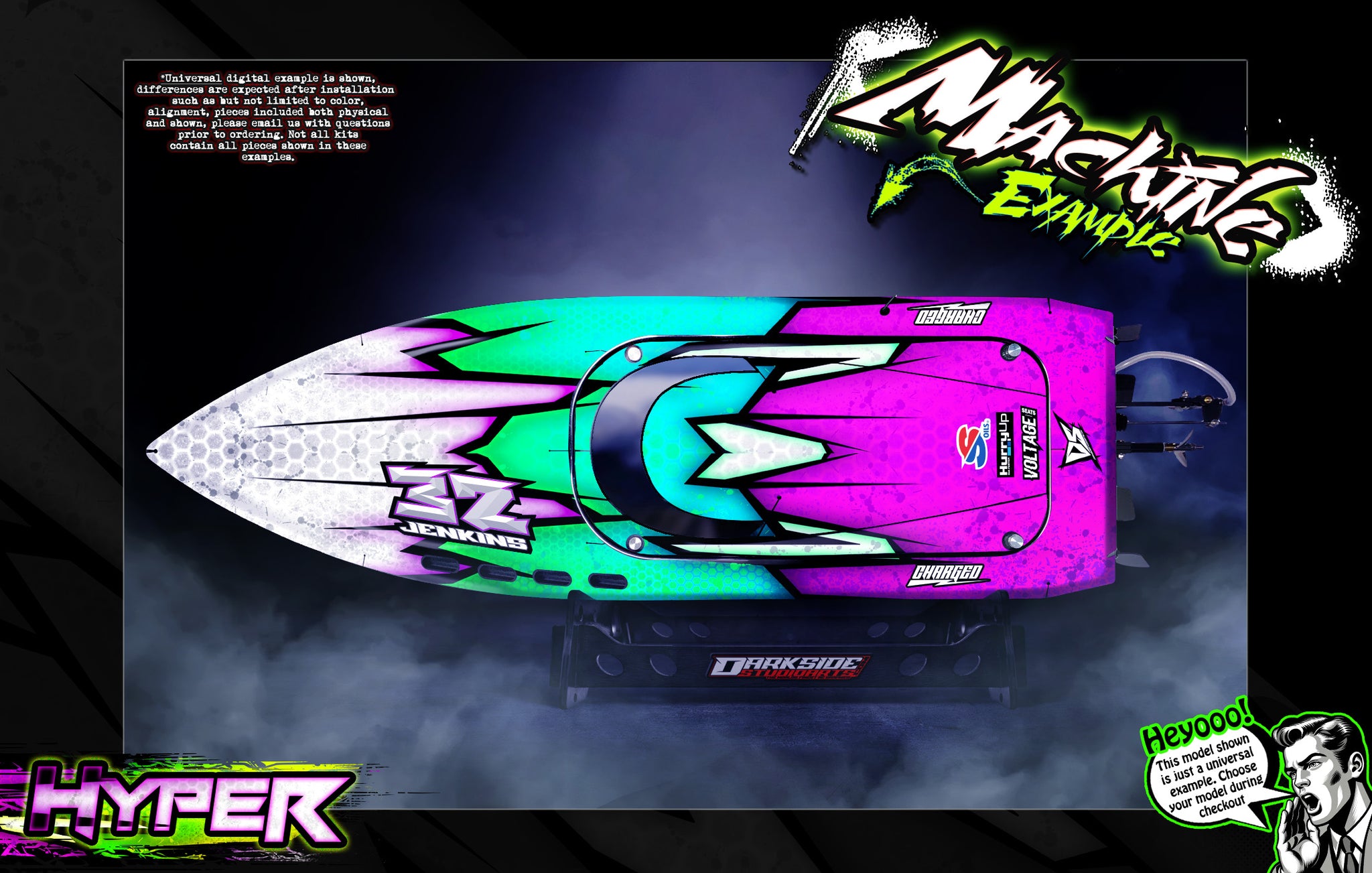 'Hyper' Themed Graphics Skin Kit Fits Pro Boat Jetstream Recoil Veles Impulse Shockwave Sonicwake Zelos BlackJack React UL19 | Darkside Studio Arts LLC.