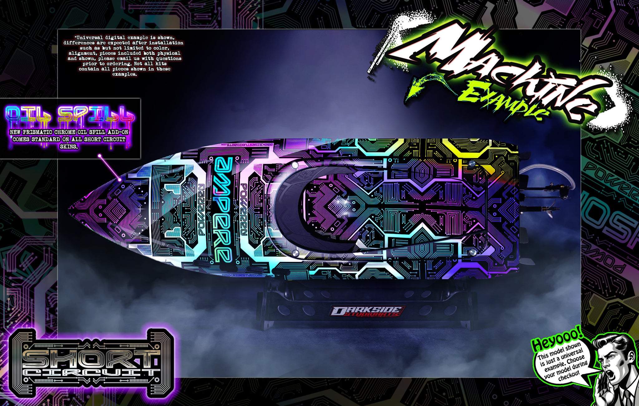 'Short Circuit' True Neon Themed Graphics Skin Kit Fits Pro Boat Jetstream Recoil Veles Impulse Shockwave Sonicwake Zelos BlackJack React UL19 | Darkside Studio Arts LLC.