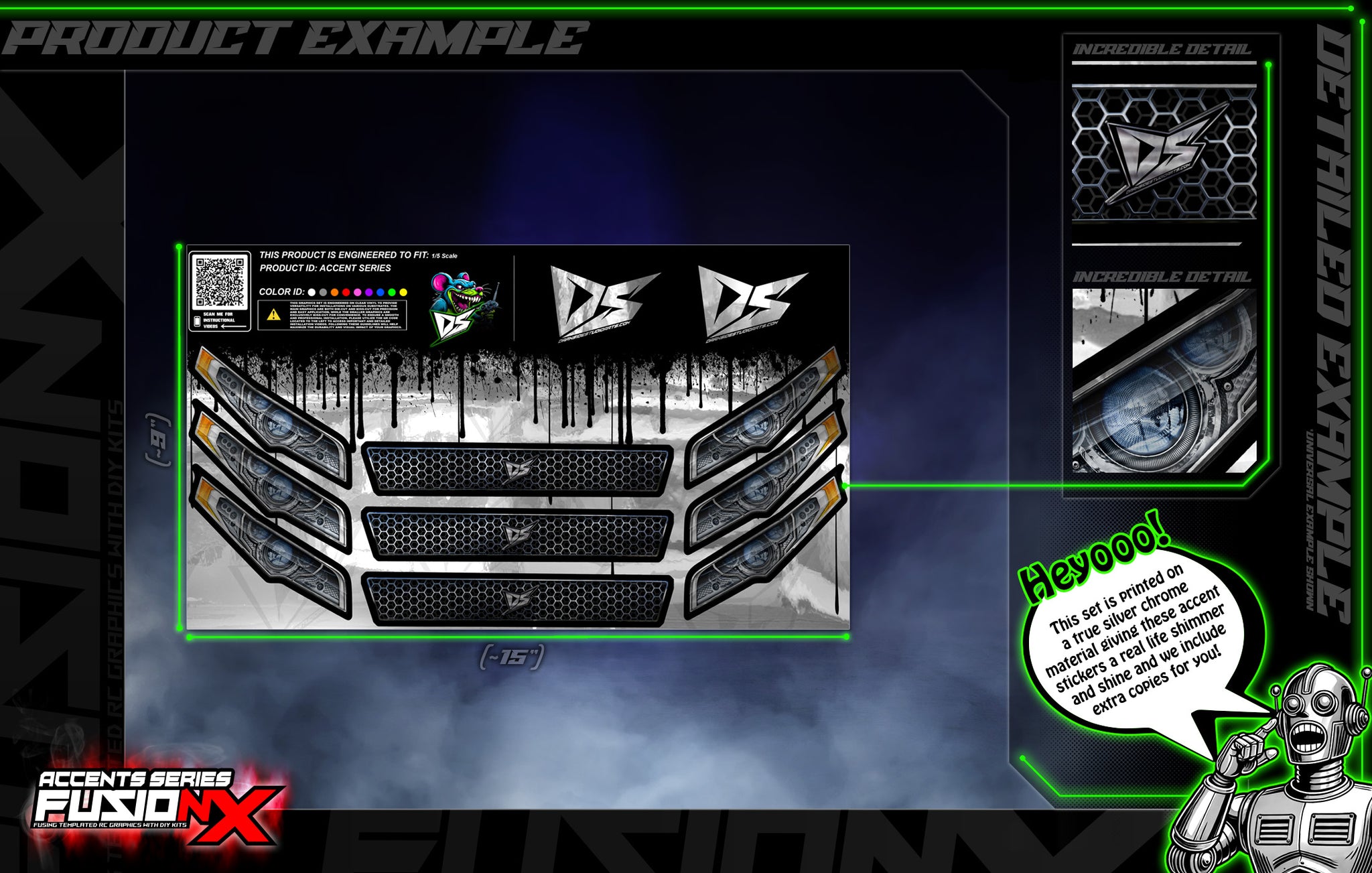 'Accent Series' FusionX Universal Aftermarket Graphics Kit Suitable For *Most 1/5 Scale RC 30° North Big Flex Losi 5IVE-T Rovan | Darkside Studio Arts LLC.