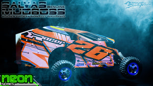 'Neon Series I' -Orange- Pre-Wrapped & Assembled Genuine Salvas Mudboss Lexan Body for Short Course Traxxas Slash Racing - Darkside Studio Arts LLC.