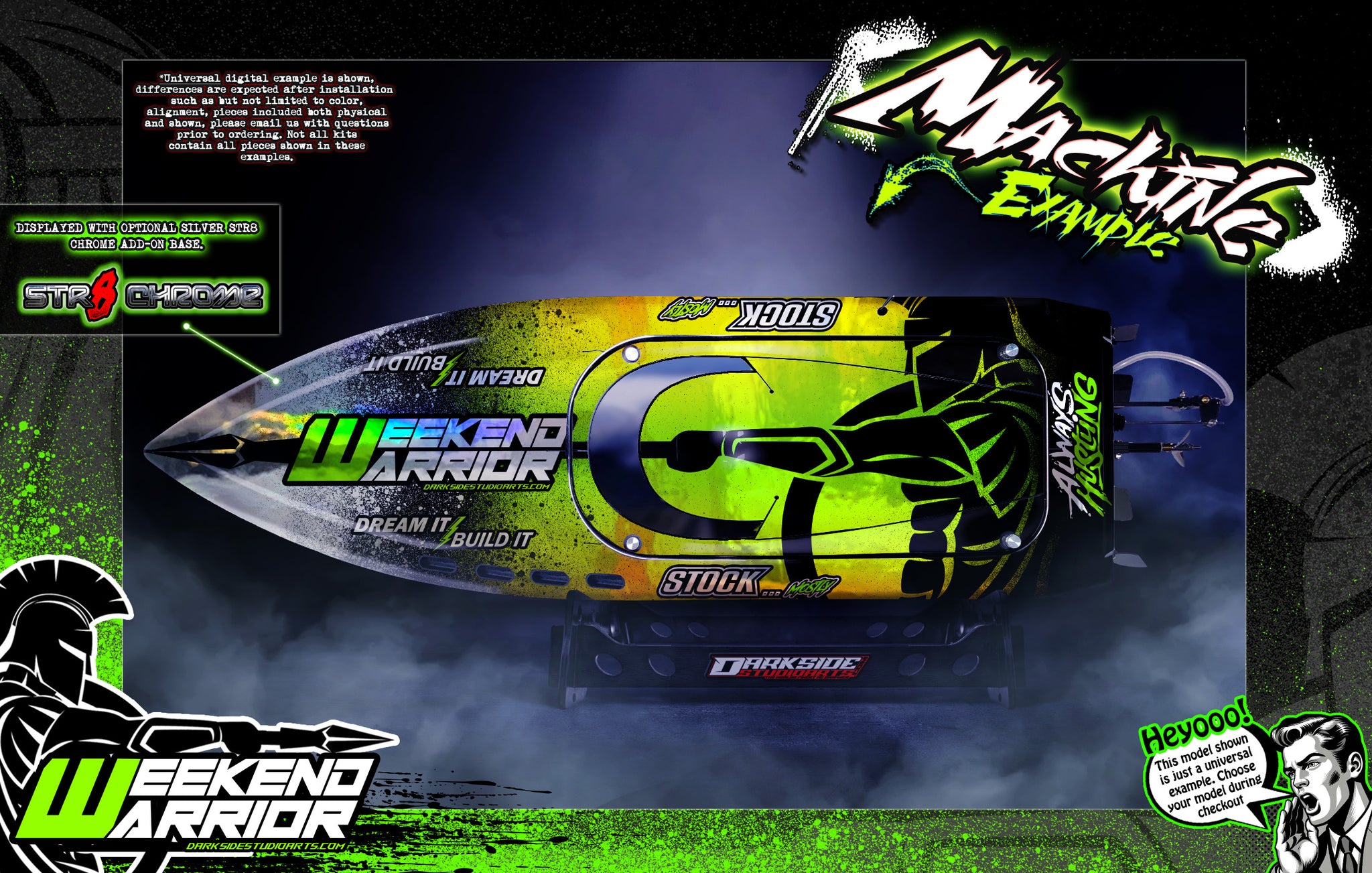 'Weekend Warrior' Themed Graphics Skin Kit Fits Pro Boat Jetstream Recoil Veles Impulse Shockwave Sonicwake Zelos BlackJack React UL19 | Darkside Studio Arts LLC.