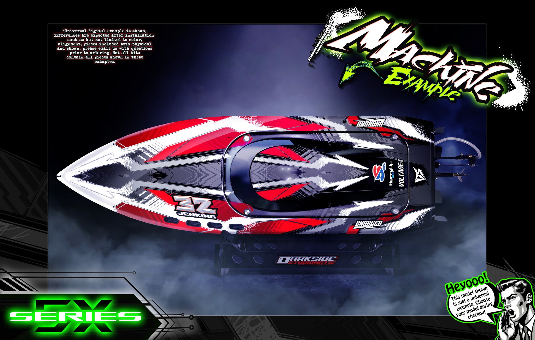 'Series 5X' Themed Graphics Skin Kit Fits Pro Boat Jetstream Recoil Veles Impulse Shockwave Sonicwake Zelos BlackJack React UL19 | Darkside Studio Arts LLC.