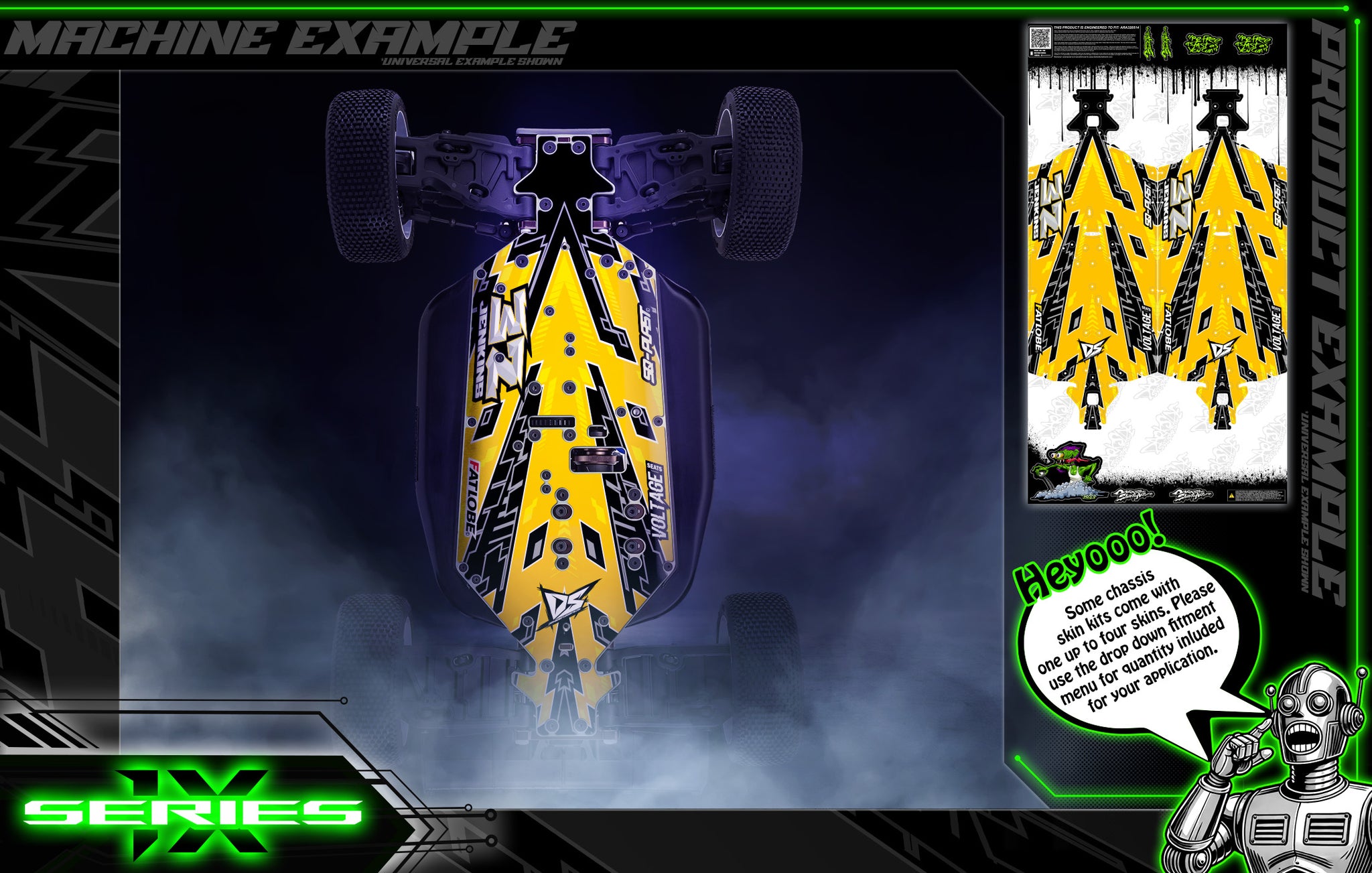 'Series 1X' Themed Chassis Skin Fits Team Associated RC10 Series | B6 B6.3 B6.4 | B7 B7D | B74.1 B74.2 | SC6.4 SC7 | T6.4 | SR7 | Fits Classic RC10, T, & GT | Darkside Studio Arts LLC.