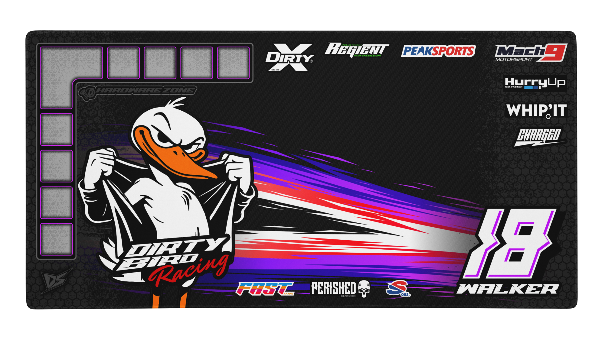 'Dirty Bird' Premium RC Pit / Work Mat – Customizable, Rollable, Rubber non-slip base, Polyester Top, Stitched Edges | Darkside Studio Arts LLC.