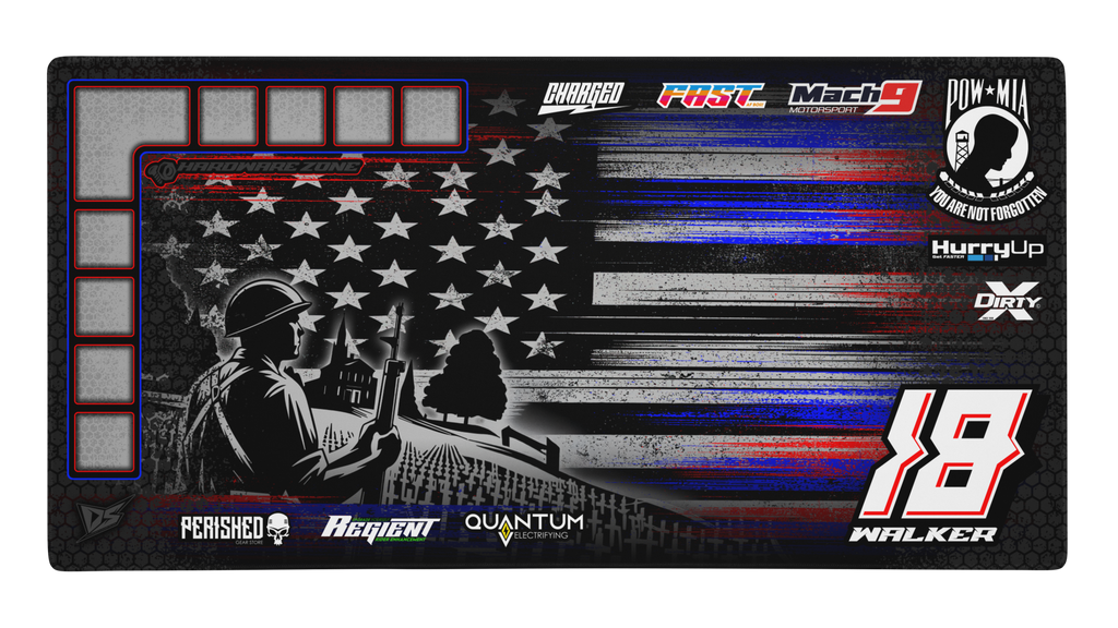 'POW' Premium RC Pit / Work Mat – Customizable, Rollable, Rubber non-slip base, Polyester Top, Stitched Edges | Darkside Studio Arts LLC.