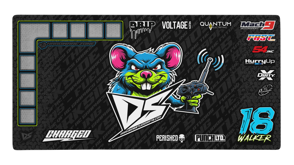 'Darkside Studios V1' Premium RC Pit / Work Mat – Customizable, Rollable, Rubber non-slip base, Polyester Top, Stitched Edges | Darkside Studio Arts LLC.
