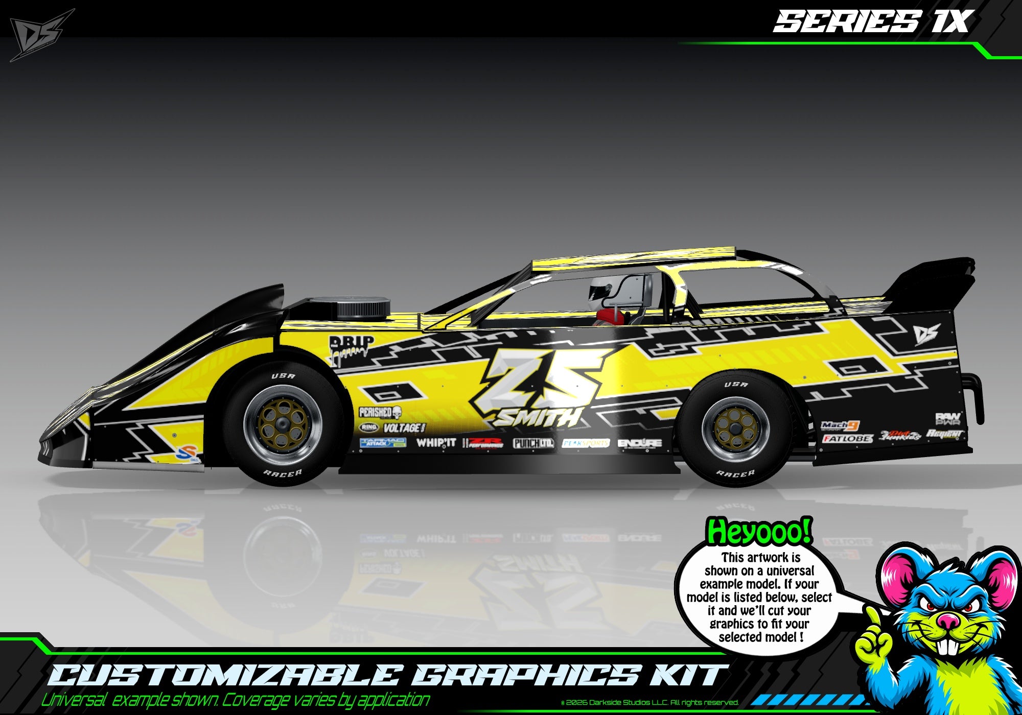 Series 1X graphics kit for JBody RC Crate Late Model — Yellow — universal example artwork preview 1