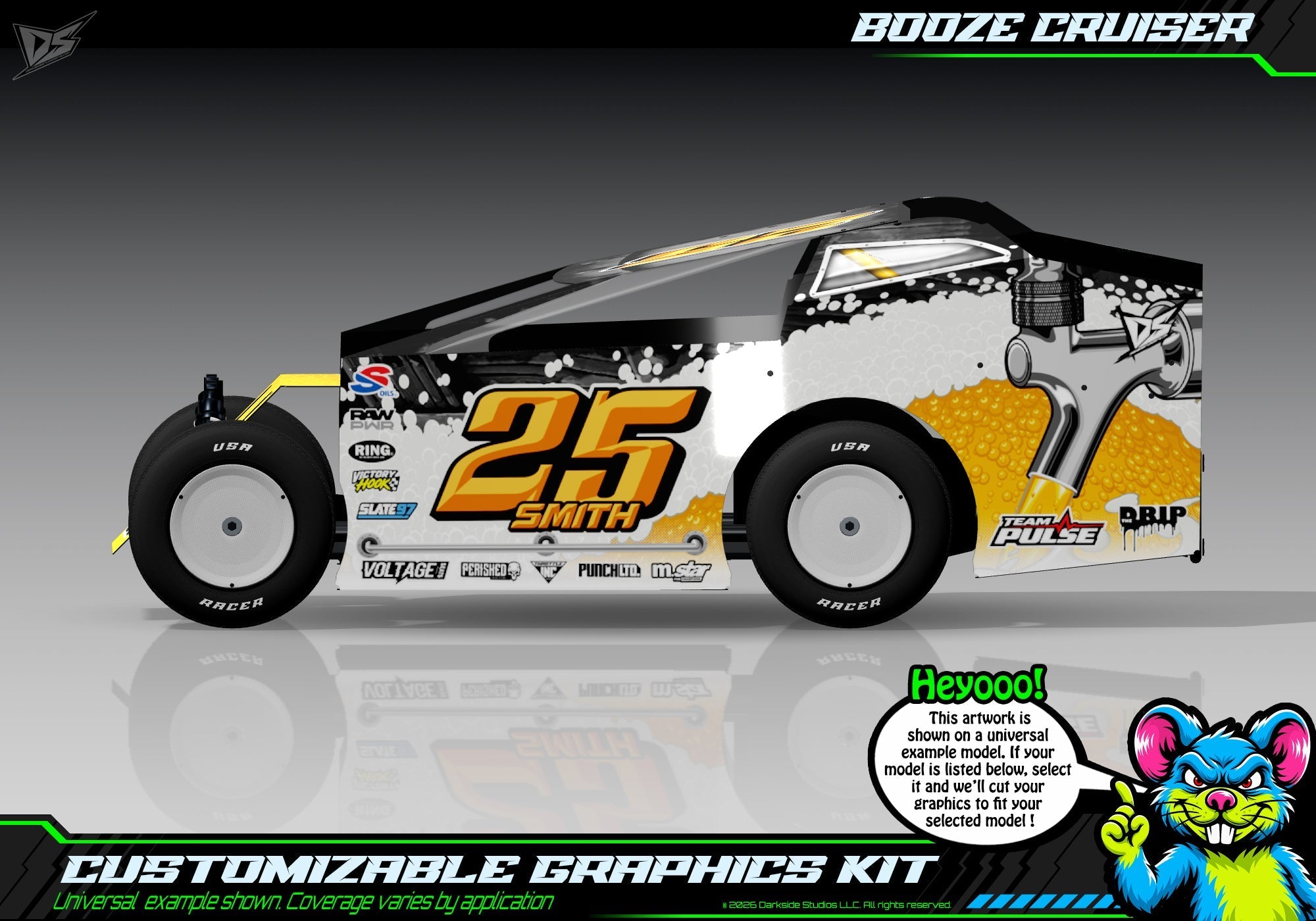 Booze Cruiser graphics kit for JBody RC Mini Mudboss — universal example artwork preview 1