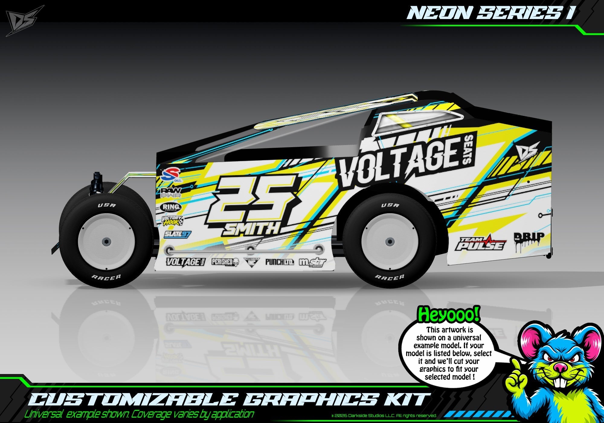 Neon Series I graphics kit for JBody RC Mini Mudboss — Neon Yellow — universal example artwork preview 1