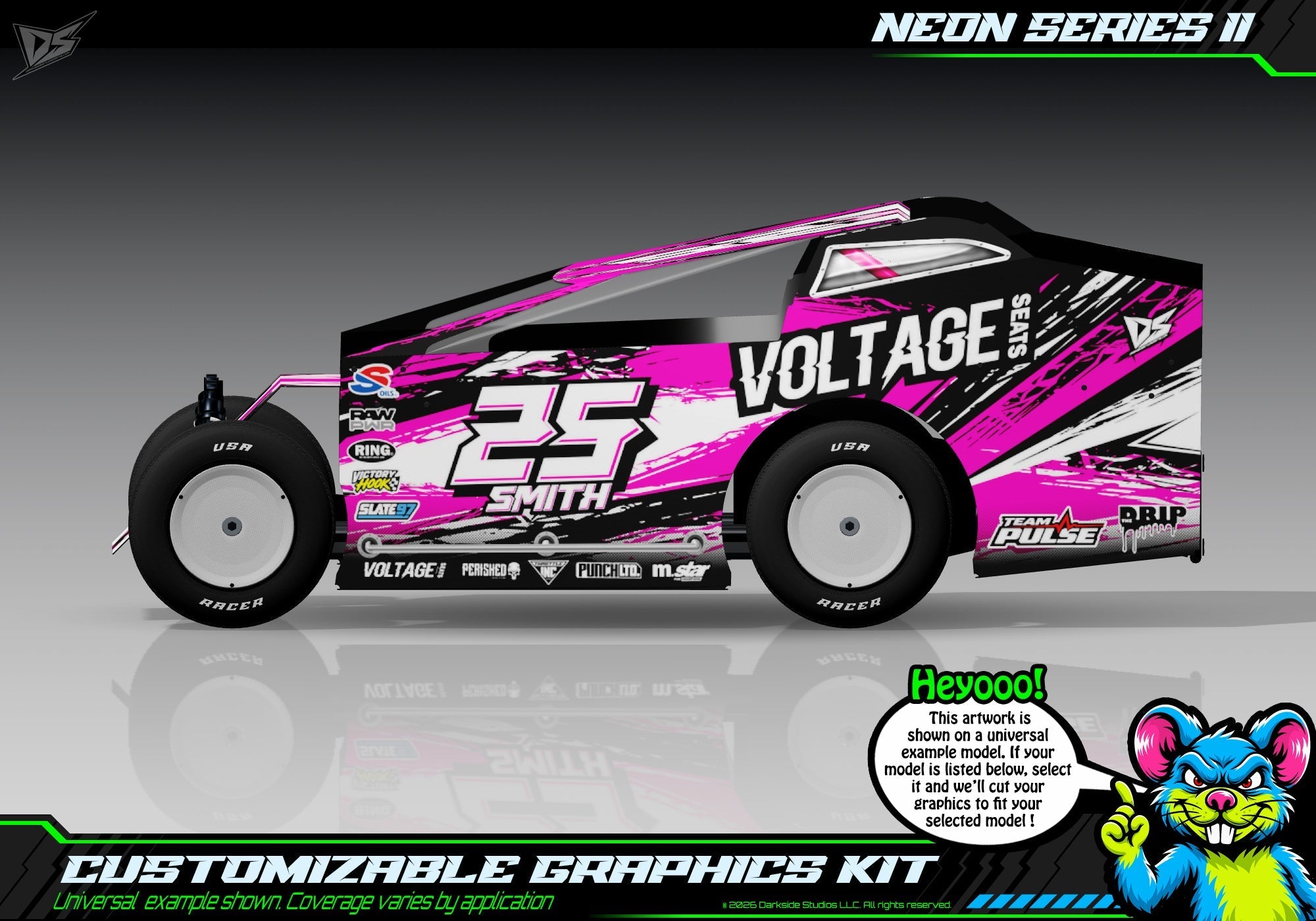 Neon Series II graphics kit for JBody RC Mini Mudboss — Neon Pink — universal example artwork preview 1