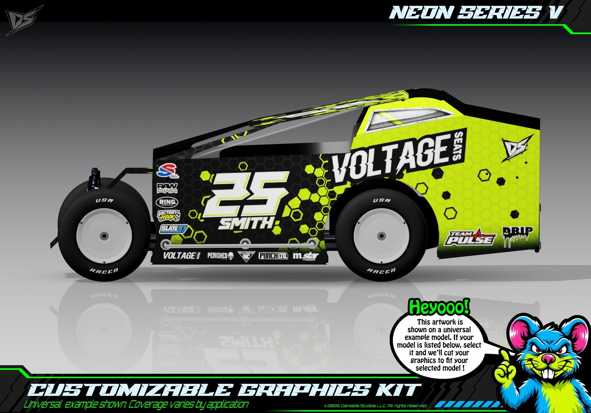 Neon Series V graphics kit for JBody RC Mini Mudboss — Neon Acid Green — universal example artwork preview 1