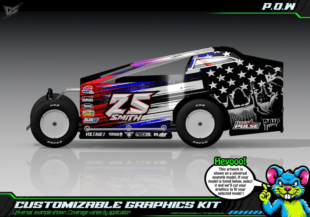 P.O.W graphics kit for JBody RC Mini Mudboss — universal example artwork preview 1