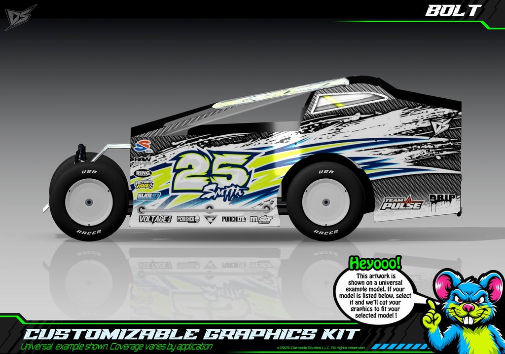 Bolt graphics kit for JBody RC Standard Mudboss — Acid Green / Electric Blue / Black Carbon — universal example artwork preview 1