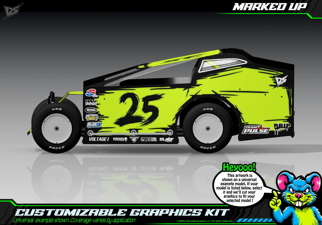 Marked Up graphics kit for JBody RC Standard Mudboss — Acid Green — universal example artwork preview 1