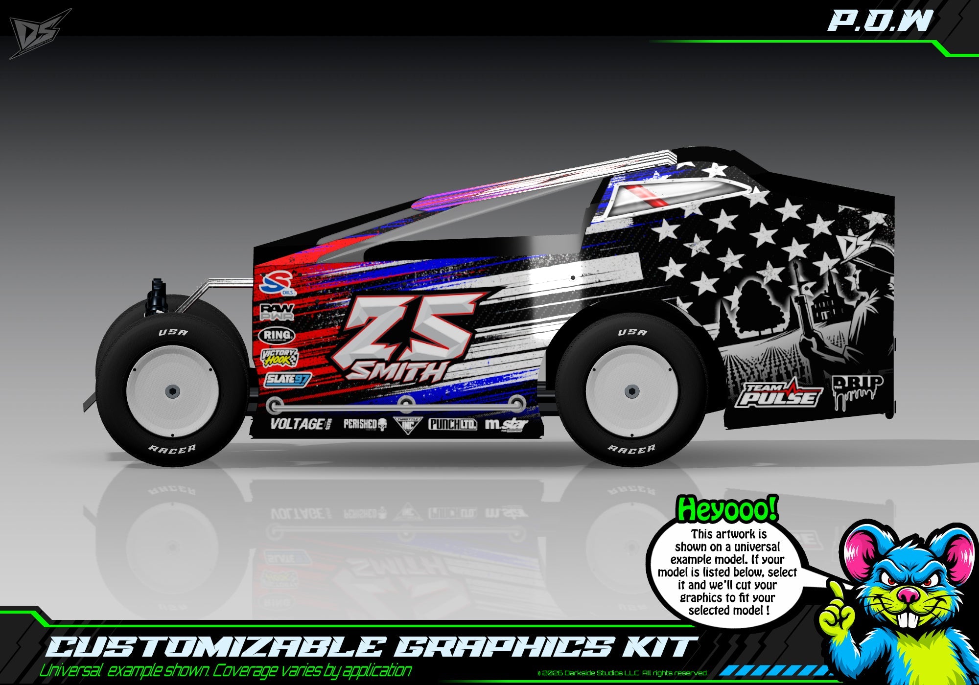 P.O.W graphics kit for JBody RC Standard Mudboss — universal example artwork preview 1