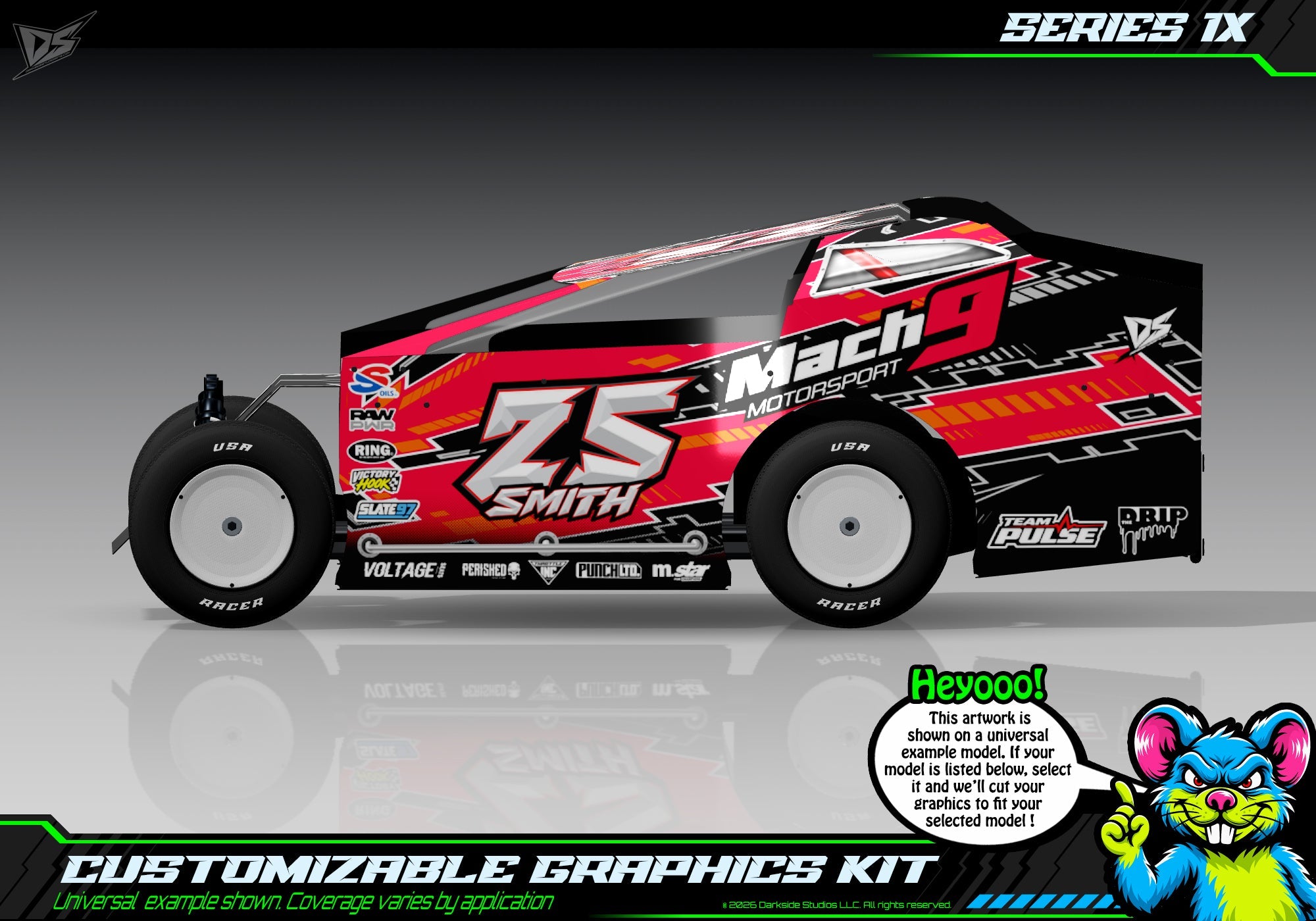 Series 1X graphics kit for JBody RC Standard Mudboss — Red — universal example artwork preview 1