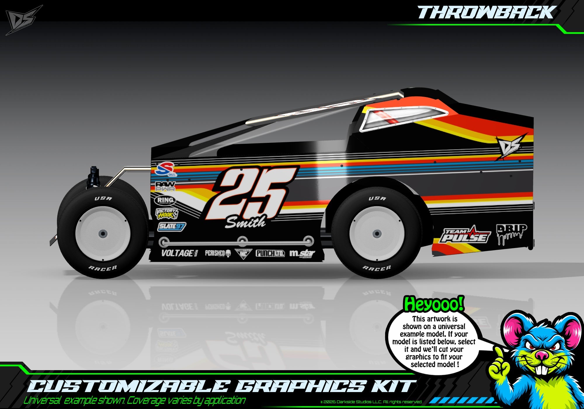 Throwback graphics kit for JBody RC Standard Mudboss — Orange — universal example artwork preview 1