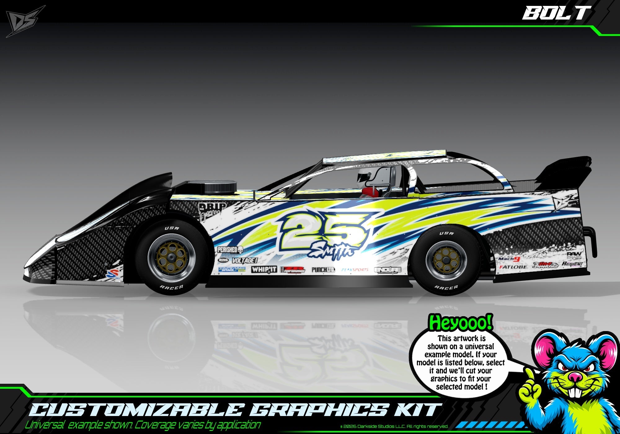 Bolt graphics kit for Losi 1/10 22S Dirt Late Model — Acid Green — universal example artwork preview