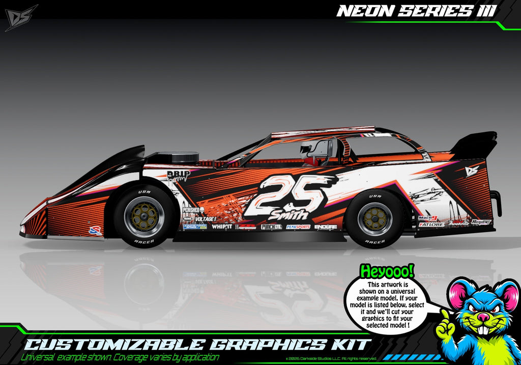 Neon Series III graphics kit for Losi 1/10 22S Dirt Late Model — Neon Orange — universal example artwork preview