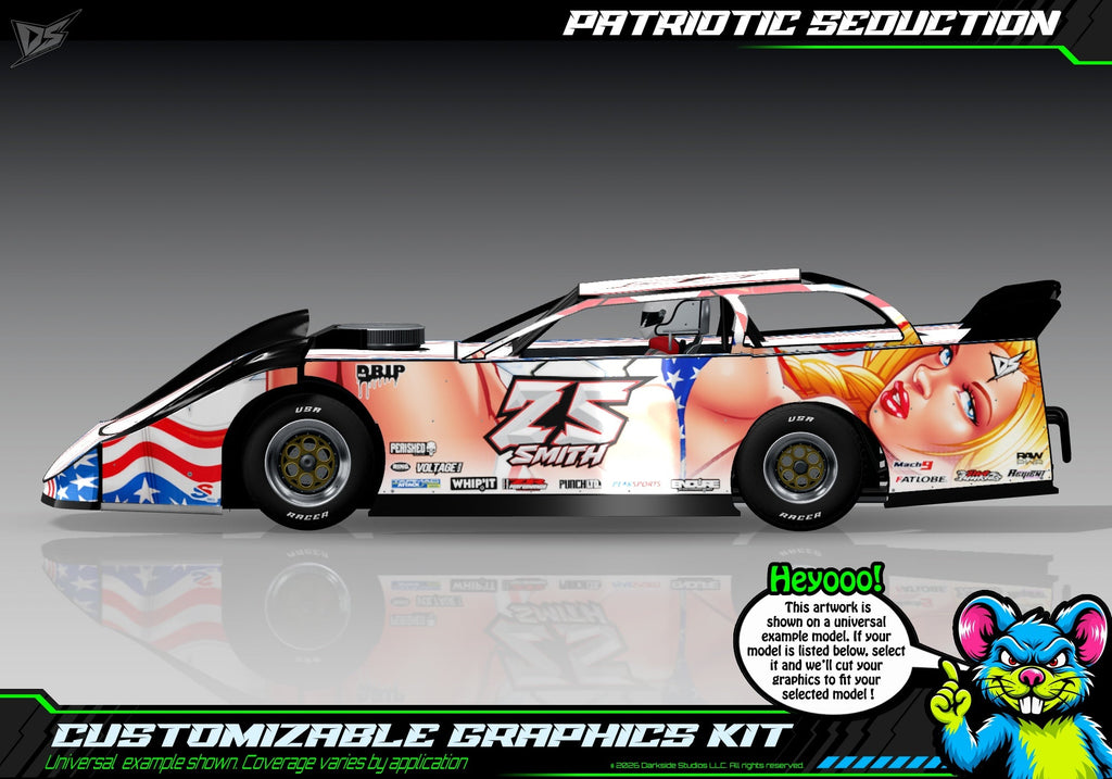 Patriotic Seduction graphics kit for Losi 1/10 22S Dirt Late Model — universal example artwork preview