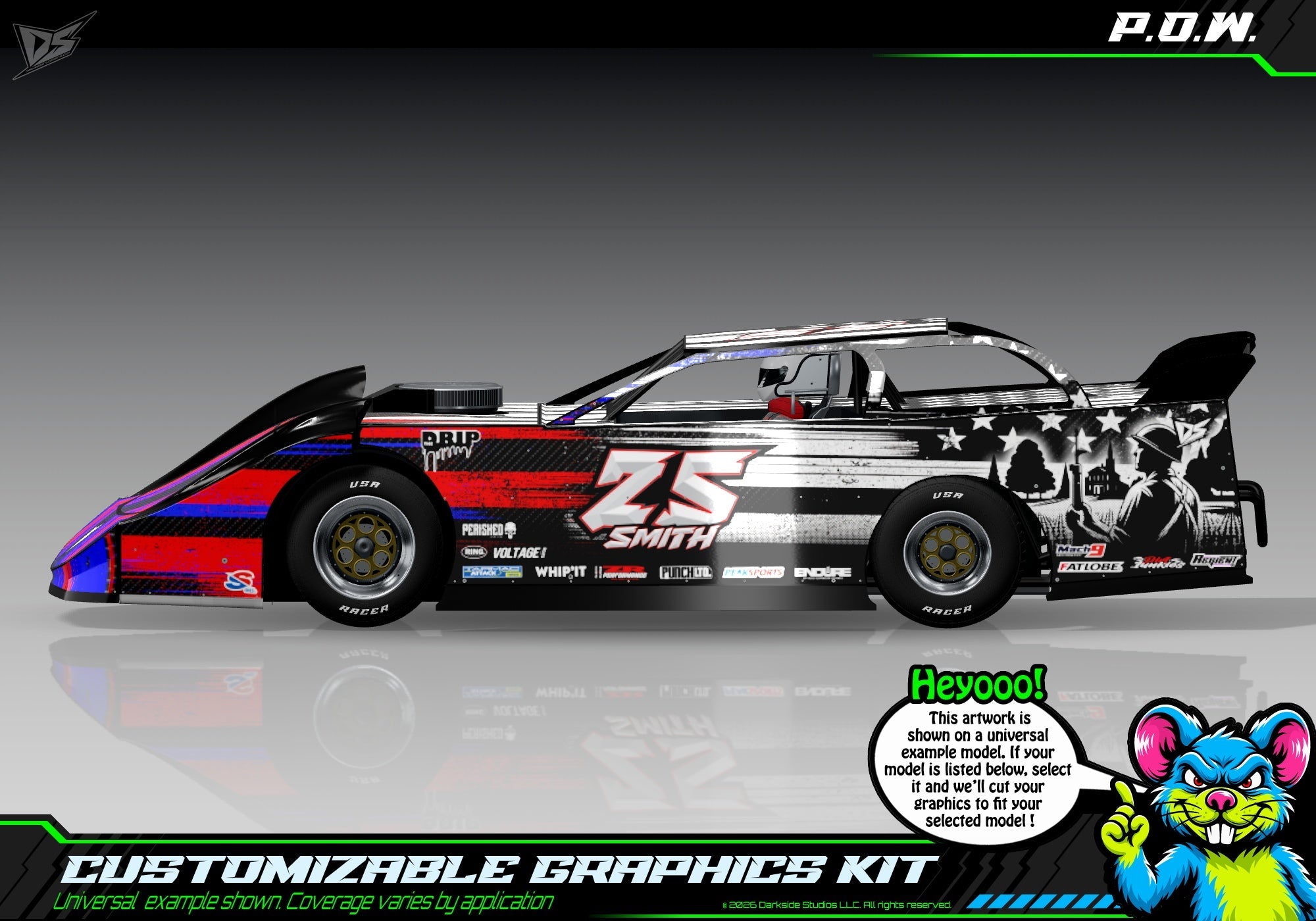 P.O.W. graphics kit for Losi 1/10 22S Dirt Late Model — universal example artwork preview