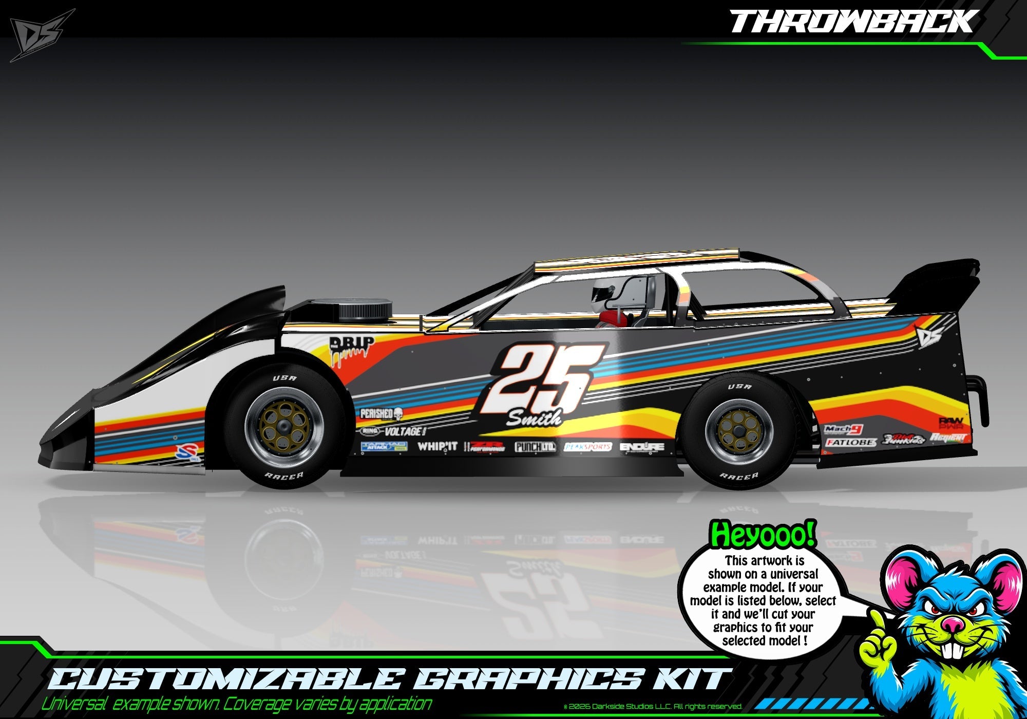 Throwback graphics kit for Losi 1/10 22S Dirt Late Model — universal example artwork preview