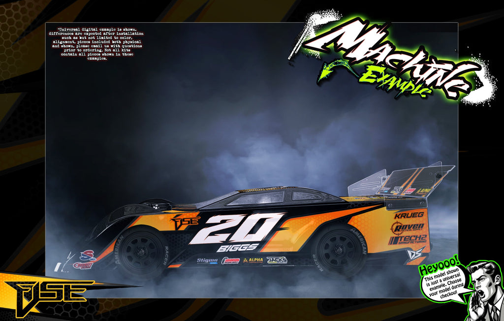 Fuse: Orange and black racing car example. Design available for Mr. Kustoms RC body wraps.