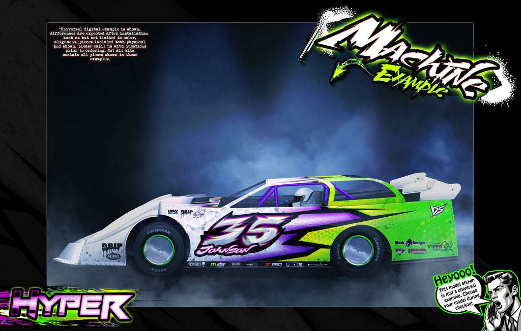 Hyper: White, purple and green racing car example. Design available for Mr. Kustoms RC body wraps.