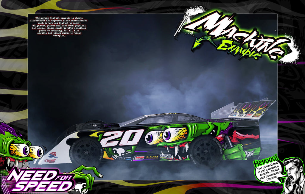 Need For Speed: Green cartoon racing car example. Design available for Mr. Kustoms RC body wraps.