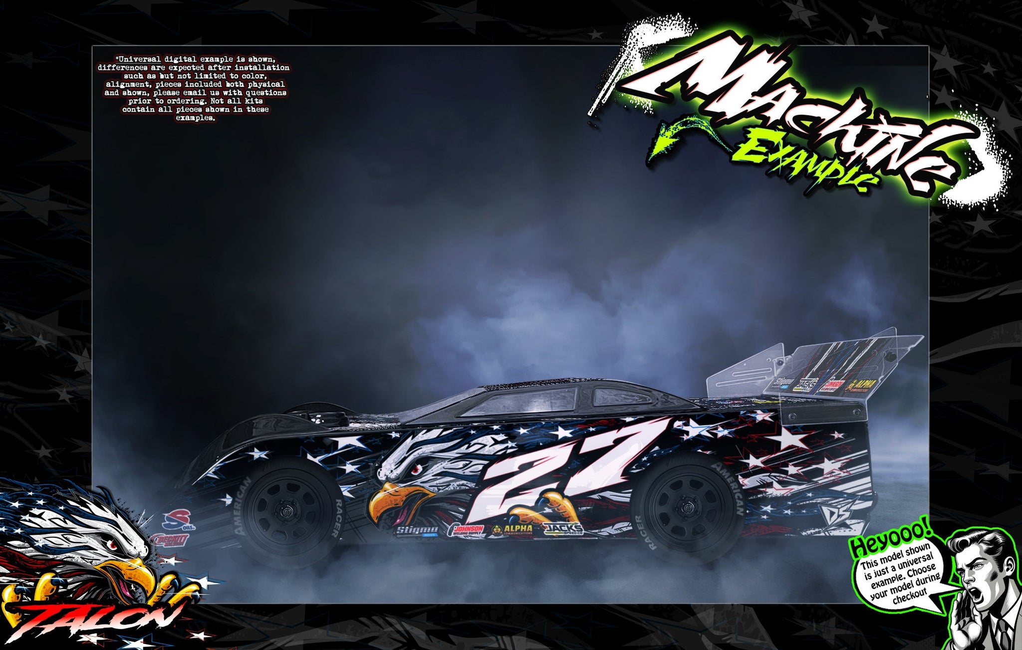 Talon: Eagle and American flag racing car example. Design available for Mr. Kustoms RC body wraps.