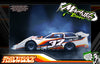 Throwback: White racing car with orange and yellow retro stripes. Design available for Mr. Kustoms RC body wraps.