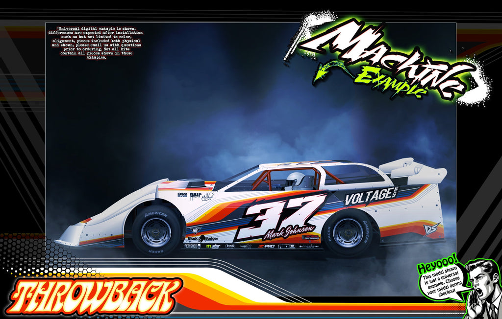 Throwback: White racing car with orange and yellow retro stripes. Design available for Mr. Kustoms RC body wraps.